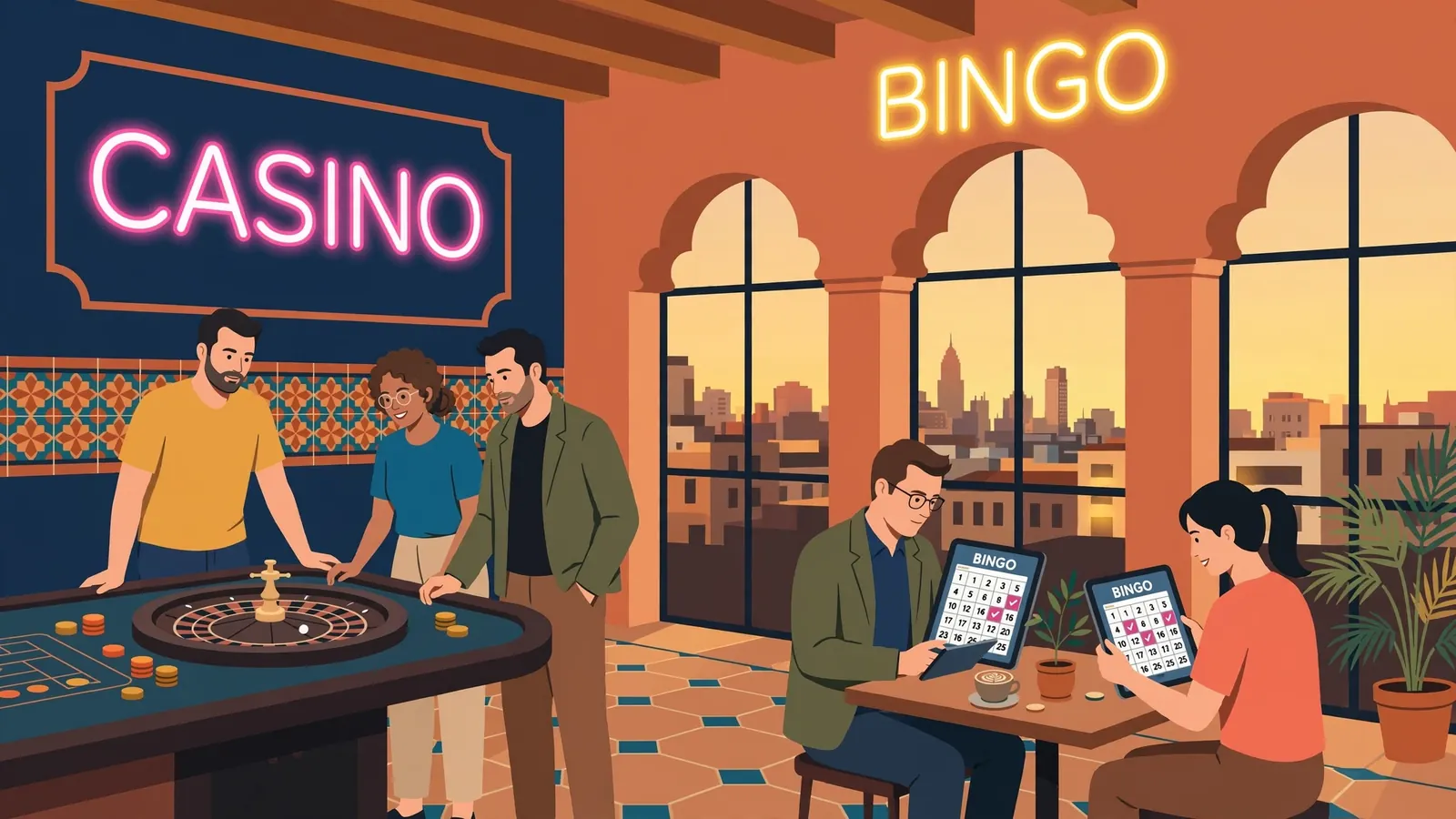 Sala de casino española con jugadores de bingo y luces nocturnas
