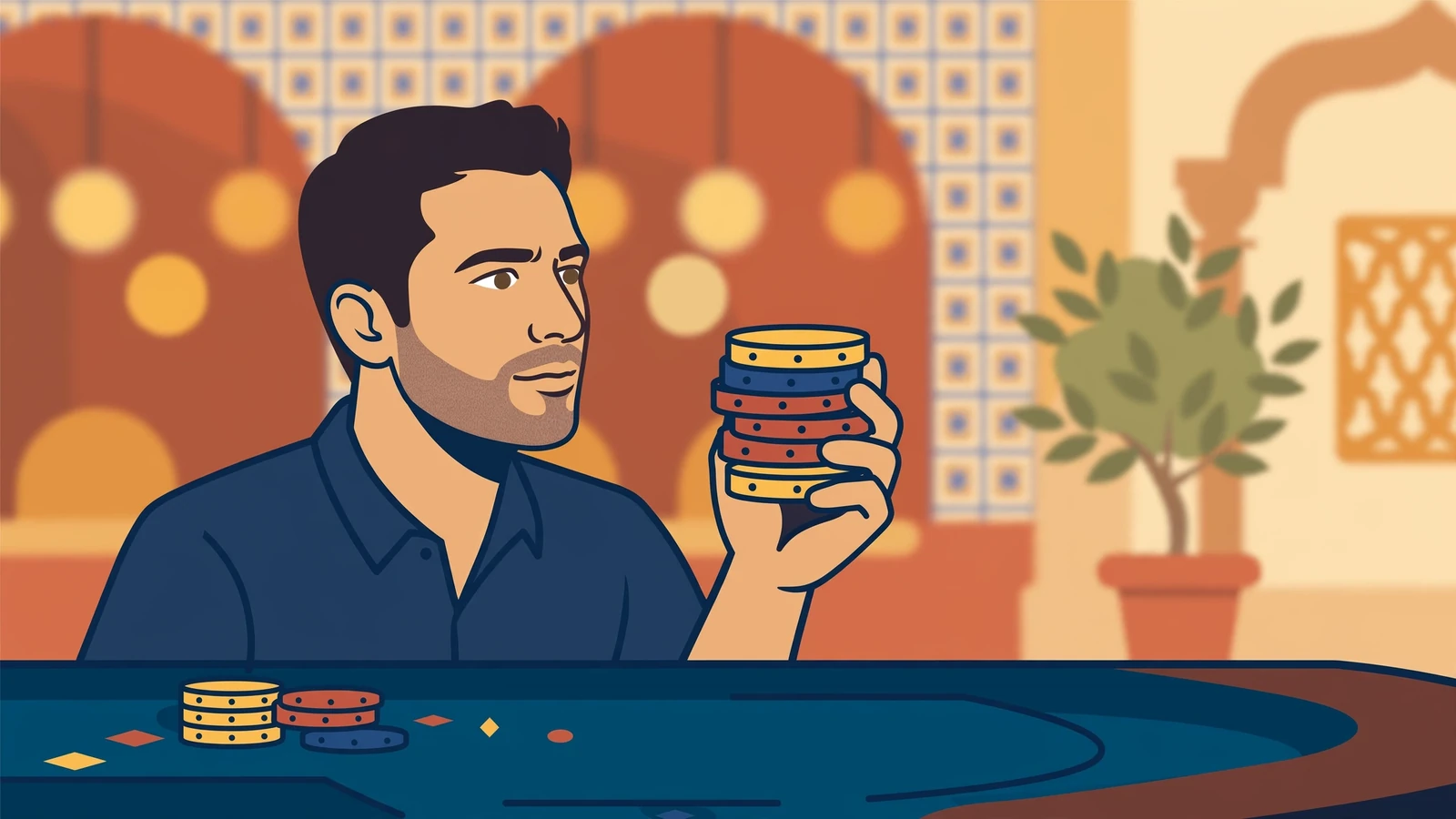 Jugador en casino español sosteniendo fichas bajo luces cálidas.