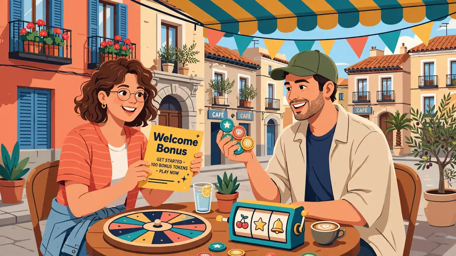Pareja feliz en café madrileño con fichas de casino y rueda de ruleta