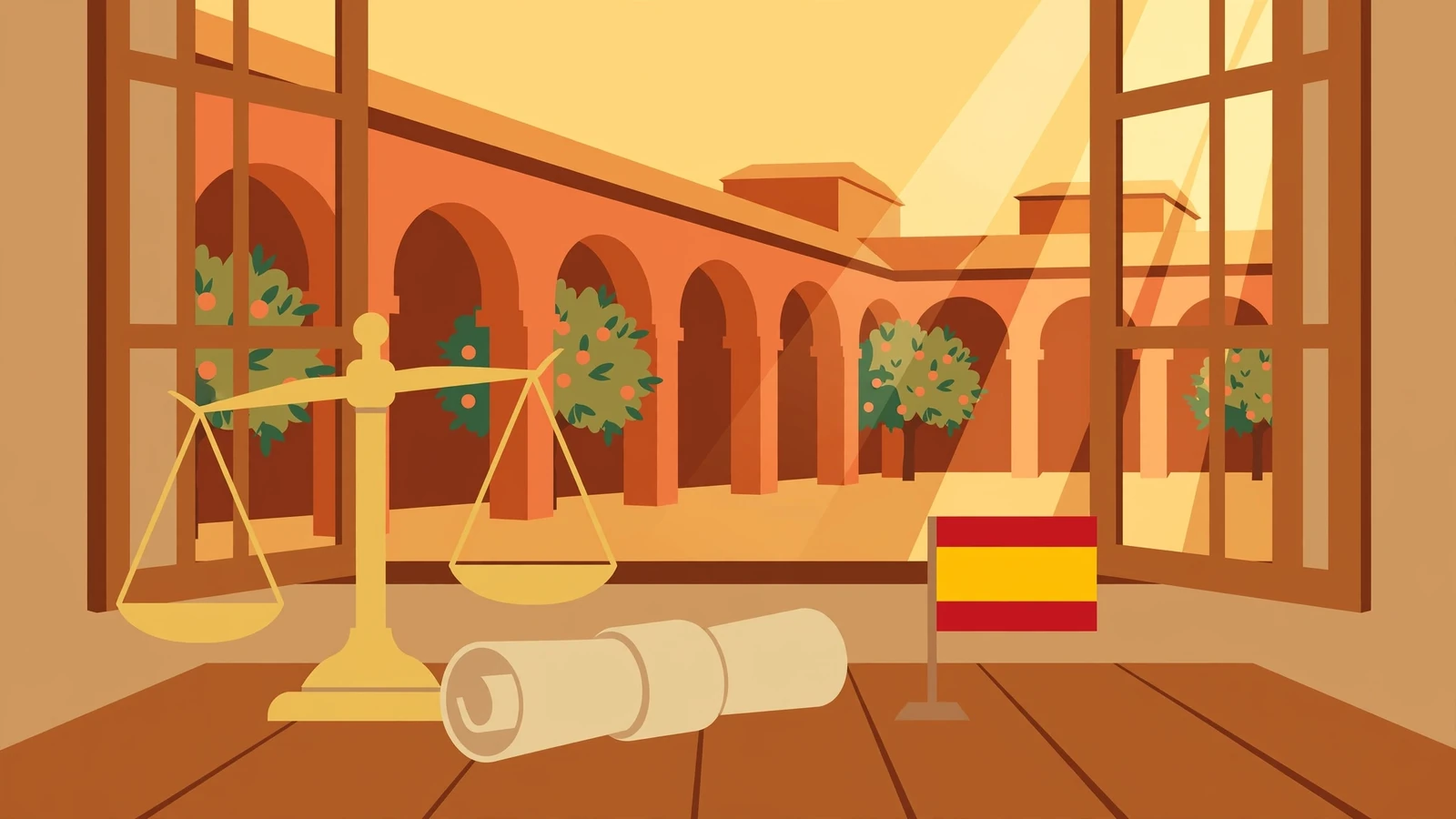 Balanza de justicia sobre escritorio con pergamino y bandera española, luz cálida en patio histórico.