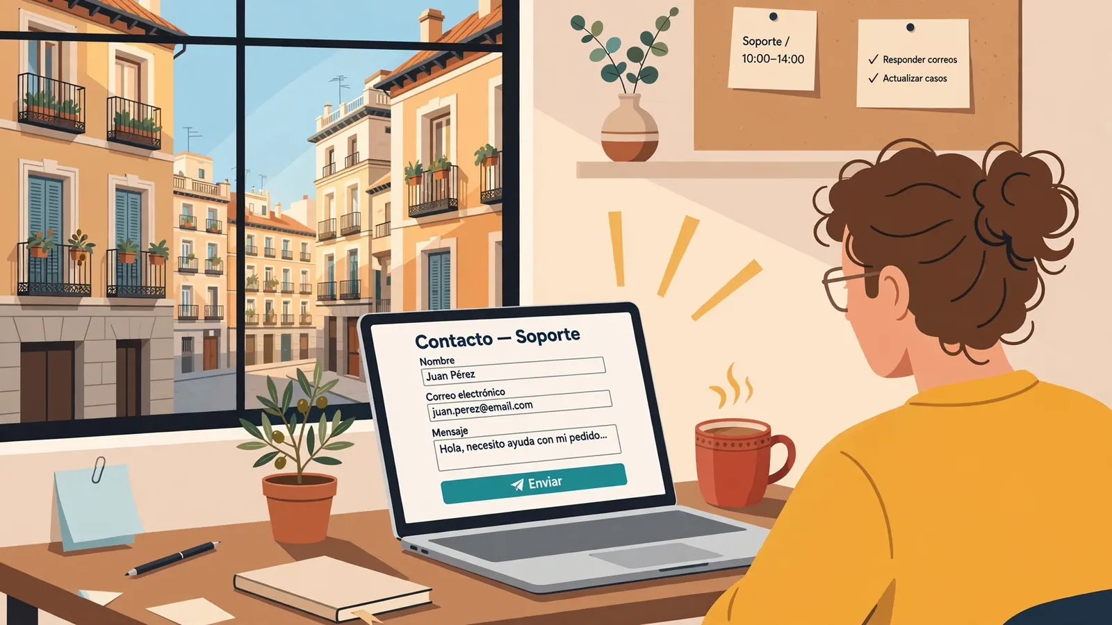 Oficina española con escritorio, laptop y luz de tarde