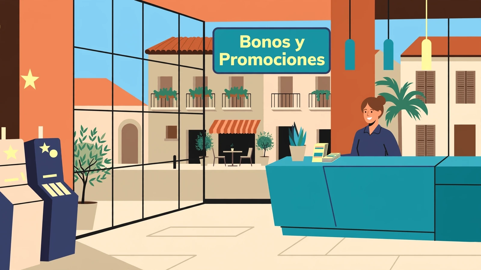 Vestíbulo de casino español con señal de bonos y luz natural