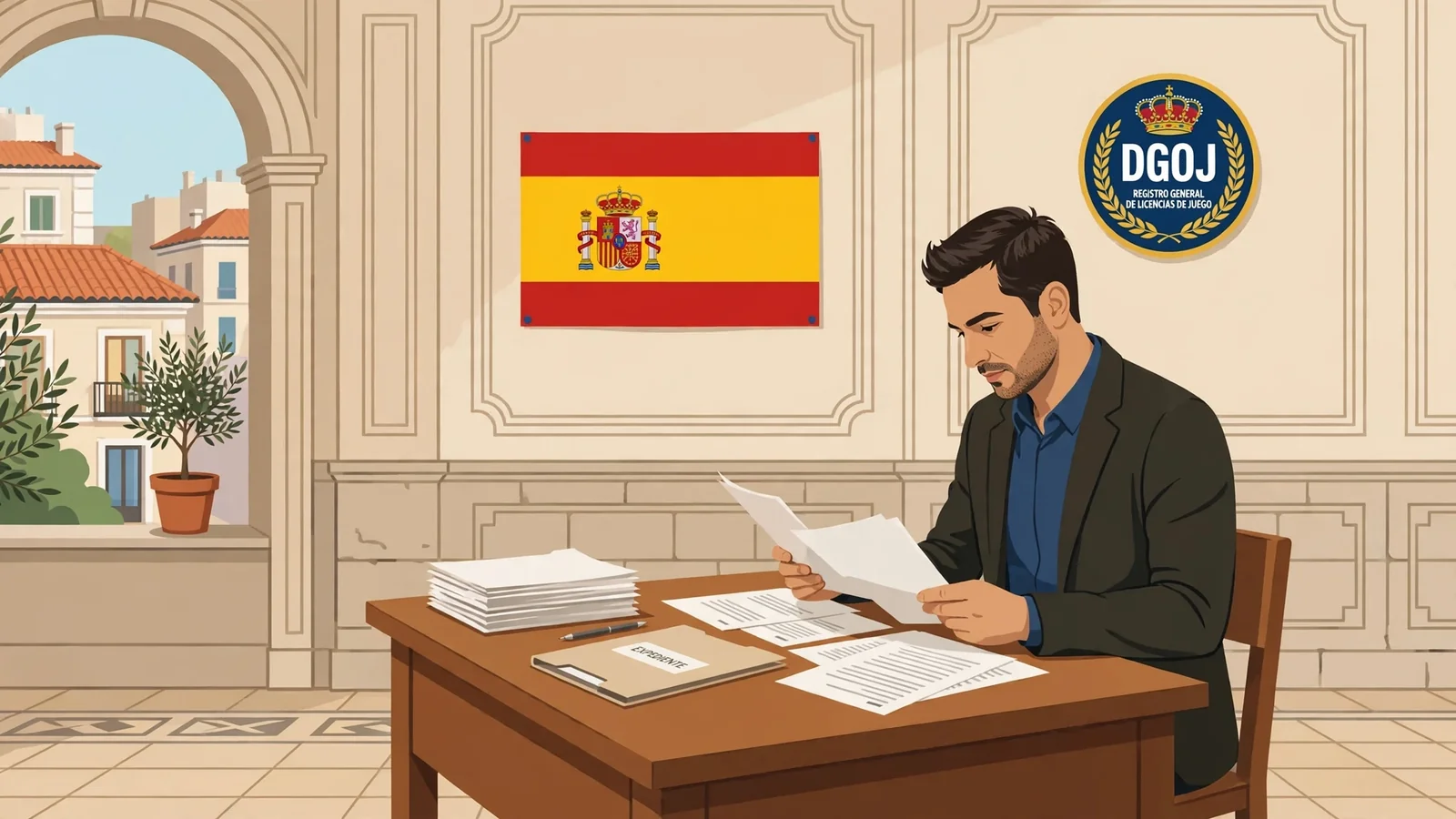 Representante de la DGOJ revisando documentos en oficina