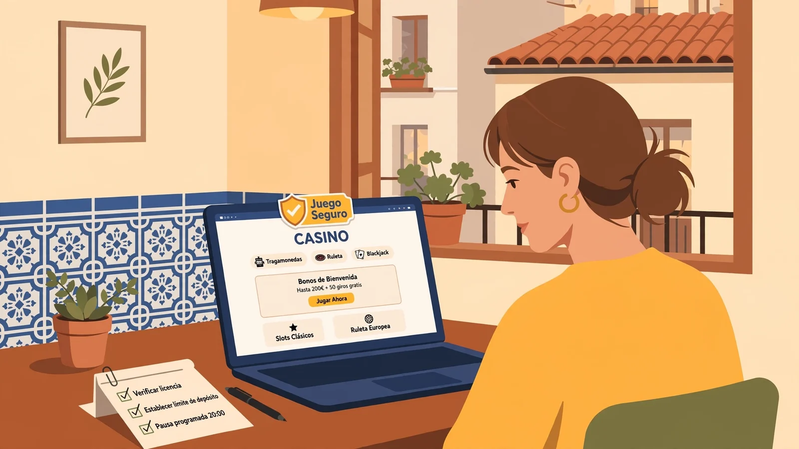Mujer evaluando sello Juego Seguro en ordenador