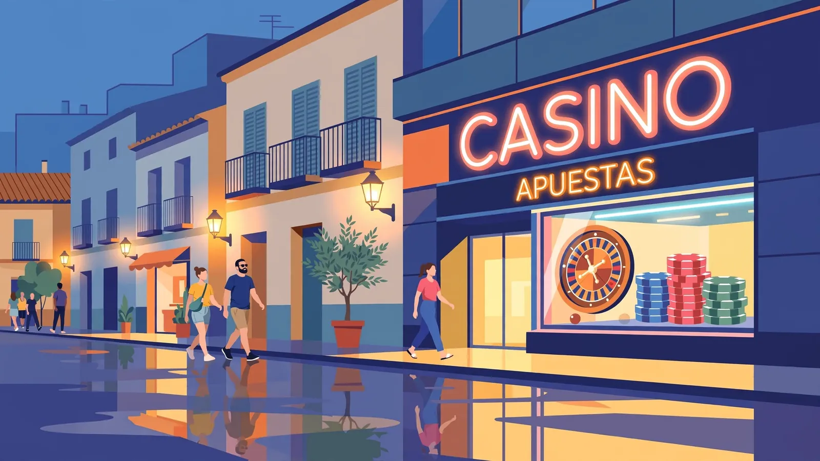 Escena nocturna de casino español con luces y fichas
