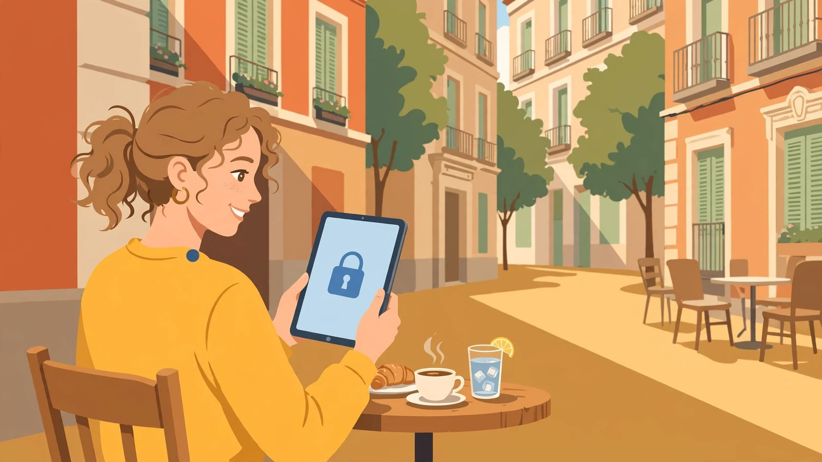 Mujer en café de Madrid viendo un ícono de candado en tablet